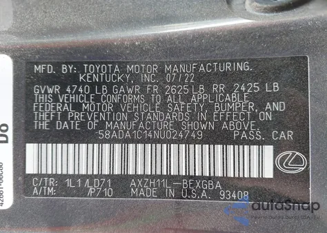 2022 Lexus Es 300H z USA, uszkodzony, nr VIN 58ADA1C14NU024749
